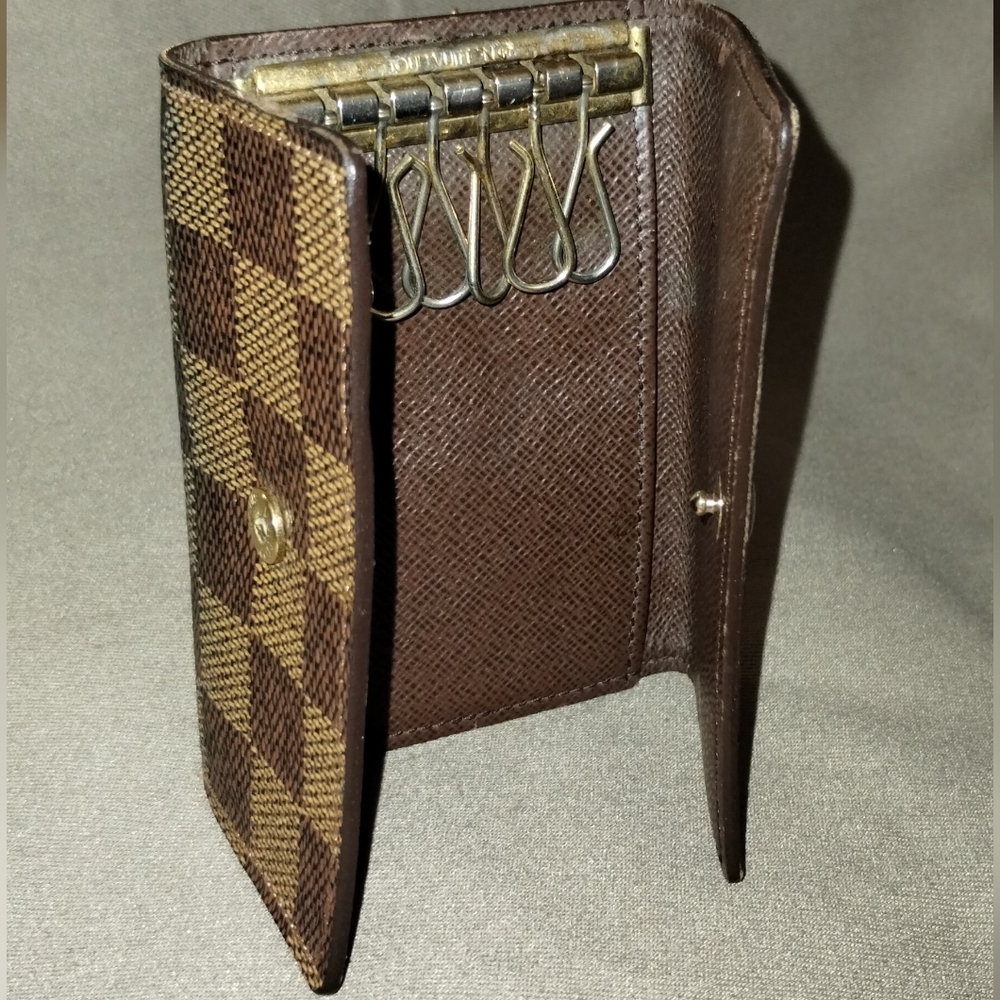 LOUIS VUITTON BROWN CHECKERED LEATHER KEY/CARD HOLDER SMALL WALLET ~ AUTHENTIC